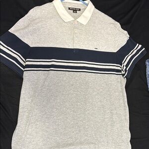 Michael Kors Men's Grey and Navy Striped Polo Shirt